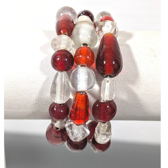 Artisan Jewelry - Artisan Red Clear Glass Bead Wrap Coil Bracelet Boho Statement 7"